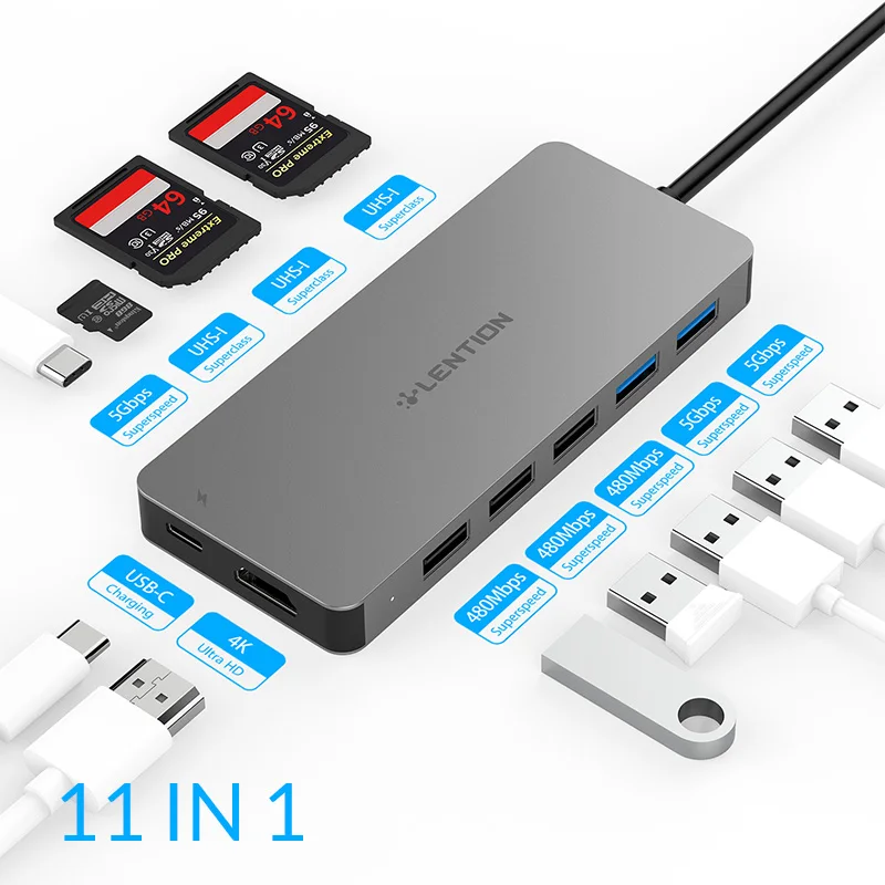 Lention usb-хаб для мульти USB 3,0 HDMI адаптер док-станция для MacBook Pro 13,3 аксессуары USB-C type C 3,1 сплиттер 11 портов USB C концентратор - Цвет: 11 in 1
