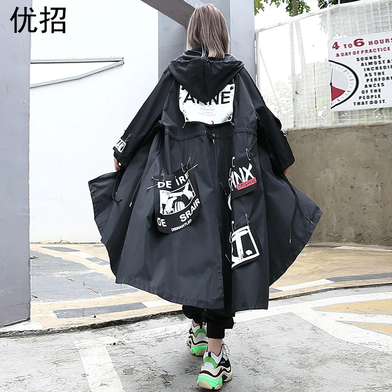 

Plus Size Women'S Autumn Winter Models Pin Letters Webbing Irregular Long Windbreaker Loose Casual Cardigan Jacket Maxi Parka