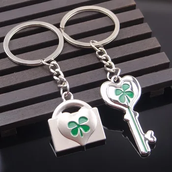

FREE SHIPPING by FEDEX 100pairs/lot New Metal Four Leaf Clover Couple Keychains Key And Lock Keyrings for Lovers Gifts