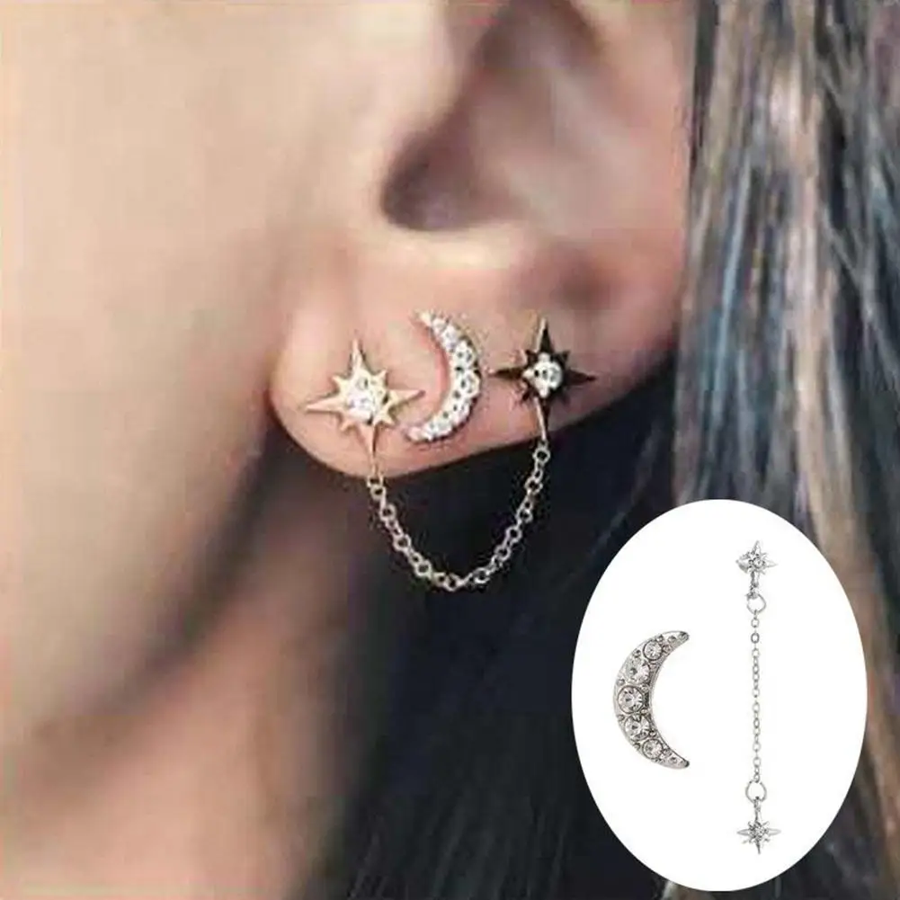 2 шт Луна Звезда цепь Серьги гвоздики для женщин горный хрусталь
