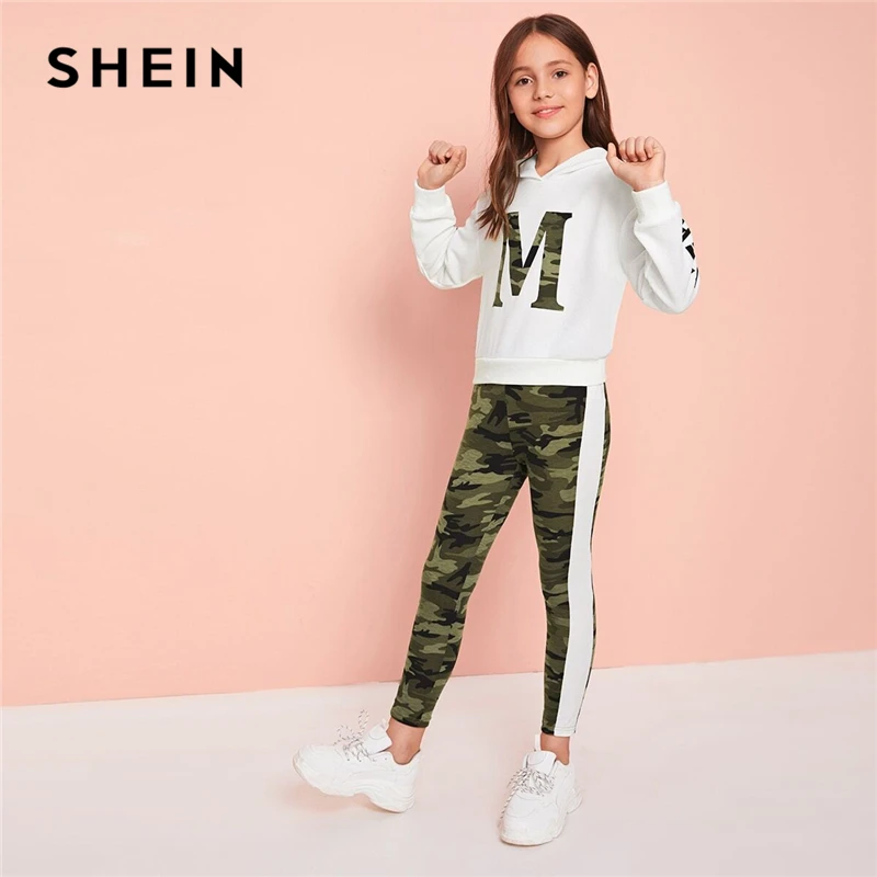 

SHEIN Kiddie Girls Drop Shoulder Letter Print Hoodie And Camo Leggings Set Kids 2019 Spring Long Sleeve Active Wear Suit Sets
