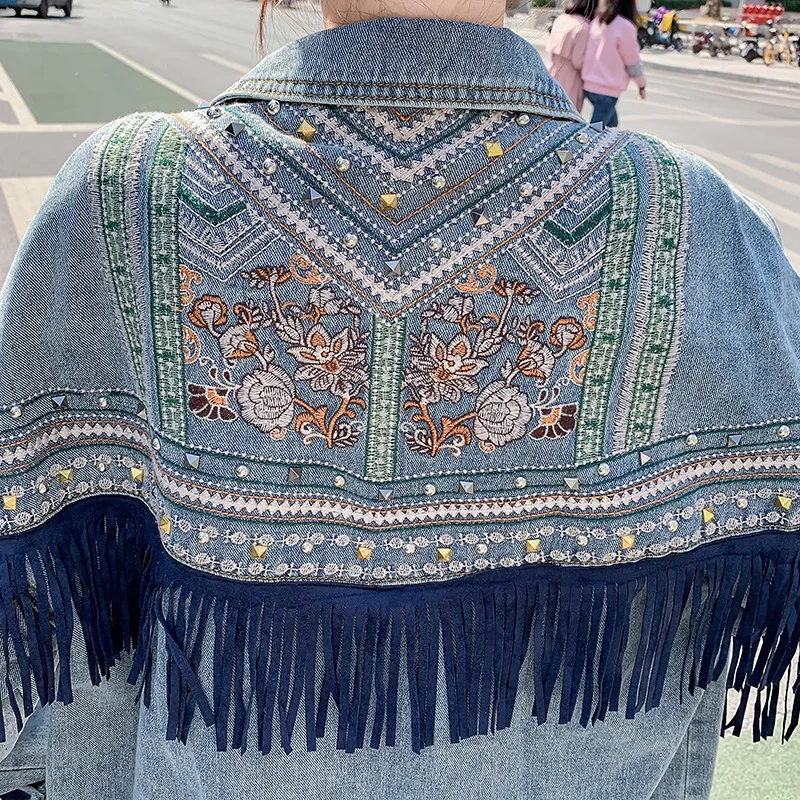 Denim Jacket Korean Floral Embroidery Suede Fringe Loose Chaquetas Mujer Coat Long Sleeve Outerwear Jacket Women Veste Femme