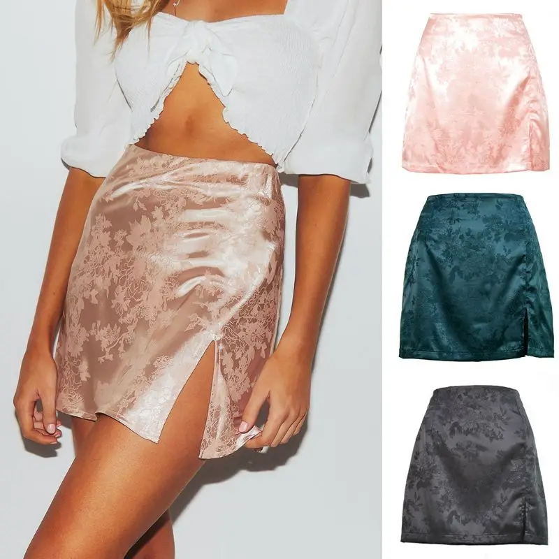 

Women Summer Vintage Floral Jacquard Satin Short Mini Skirt Zipper High Waisted Sexy Side Split A-Line Party Clubwear