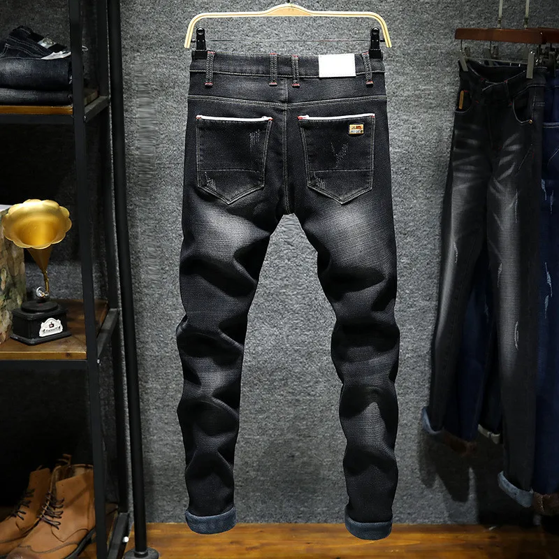 Новые зимние мужские джинсы Рваные штаны с дырками в Корейском стиле эластичные повседневные брюки крутые Стрейчевые мужские теплые флокированные джинсовые брюки