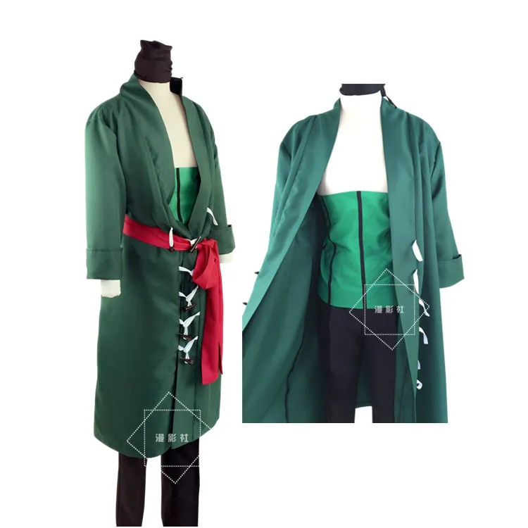 Аниме один кусок Roronoa Зоро косплей костюм одежда полный комплект пальто+ пояс+ Косынка+ брюки зеленый короткий Гладкий сзади парик