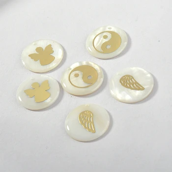 

Natural Shell round Plate Pendant Golden Angel Wings Gossip Closure Glaze DIY Earrings Necklace Ornament Accessories 4pcs