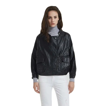 

Boyfriend Style Cropped Black Faux Leather Biker Jacket for Women Cute Ladies Raglan Sleeve Slant Zipper PU Leather Jacket