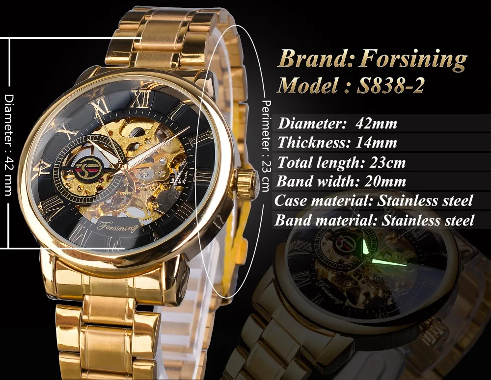 Механические часы Forsining с золотым скелетом, ручная обмотка, мужские роскошные брендовые наручные часы из нержавеющей стали, деловые наручные часы Relogio