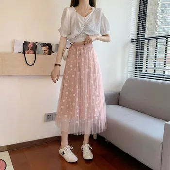 

High Waist Mesh Little Daisy Skirt Chic Summer Korean Lace Chiffon Elegant Long Skirt Loose Big Size Casual Jupe Femme