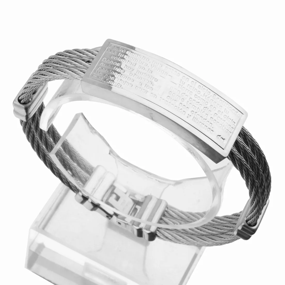 

Granny Chic 16mm 19.5cm Strong Stainless Steel 3 Rows Wire Cable Chain Men Women Cross Crucifix Design Scripture Bracelet Bangle
