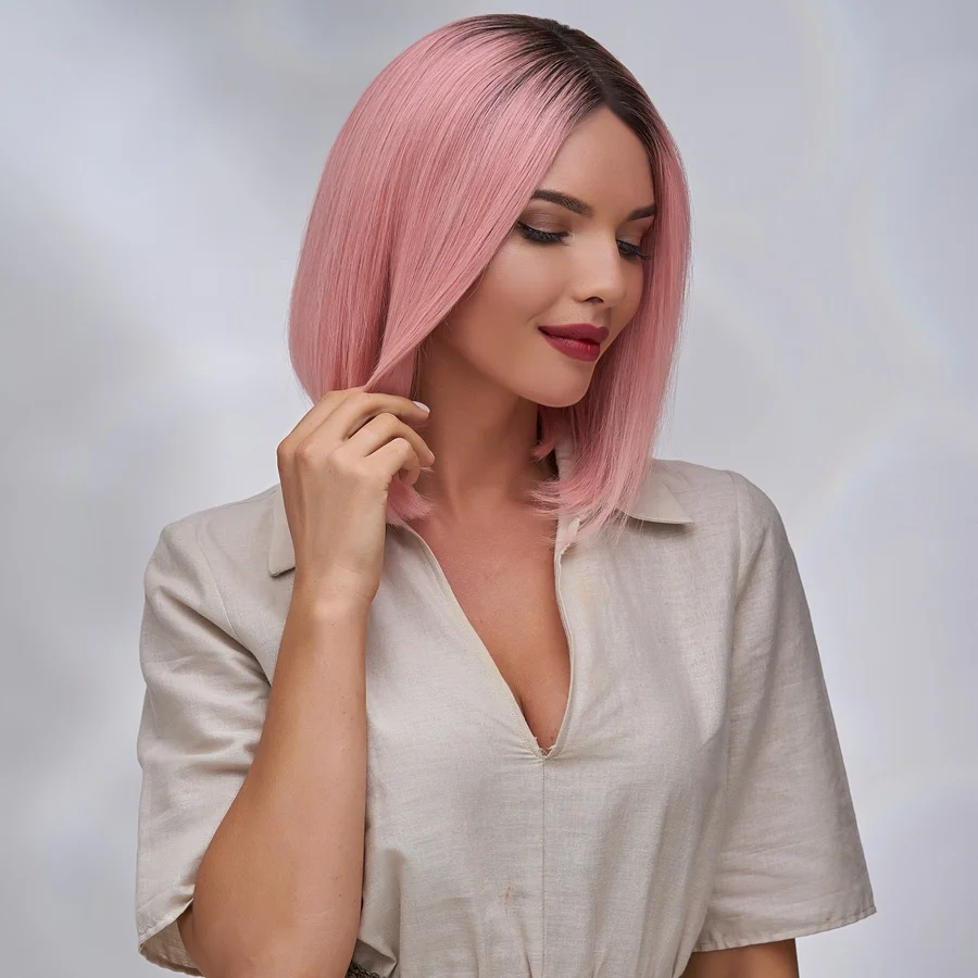 K.S парики 1" короткий Боб половина кружева парики 150% Denisty прямые предварительно сорванные натуральные волосы remy волосы парики для женщин - Цвет: Rose Pink