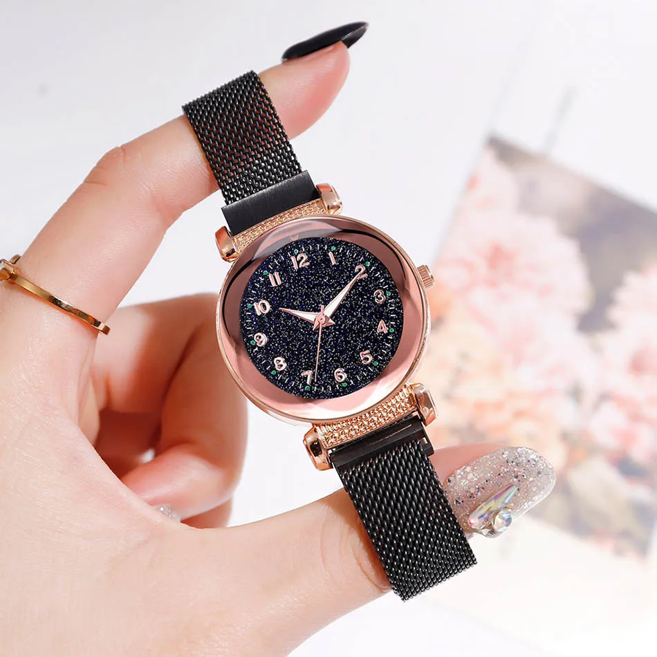 Креативные звездное небо часы женские кварцевые цифровые светящиеся магнитные женские наручные часы из розового золота с геометрическим кристаллом Reloj Mujer Роскошные