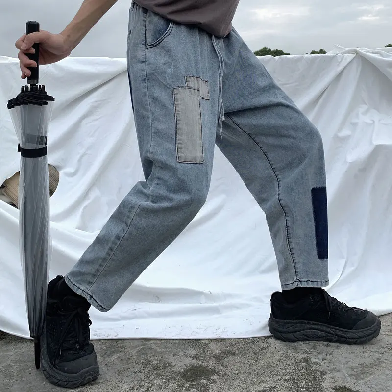 String Waistband High Waist Patchwork Contrast Color Harem Denim Pant Streetwear Hip Hop Harajuku Trouser Korean Women Man Loose