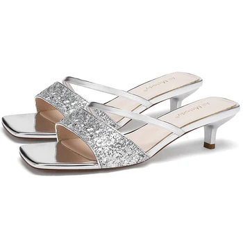 

Luxury Shoes Women Designers 2020 Summer 5cm Kitten Heel Silver Sandals Mules 11803ASH4957