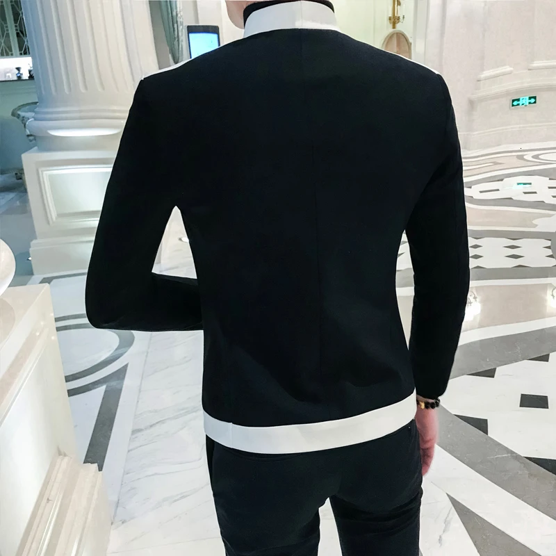 Black White Stripe Blazer With Gold Embroidery Slim Fit Stage Costumes For Singers Mens Wedding Prom chaqueta de vestir hombre