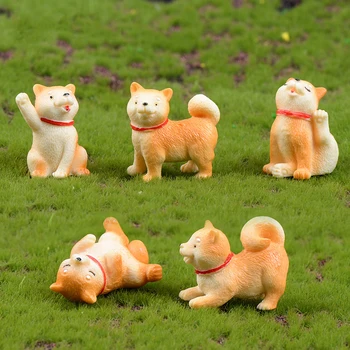 

5PCS Akita Yellow Dog Figurine Cartoon Animal Model Moss Landscape Resin Craft Home Miniature Fairy Garden Decoration