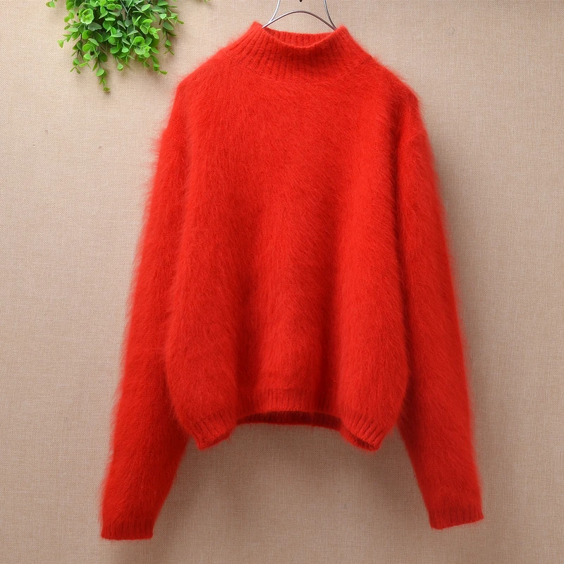 

women elegant short style christmas red loose fuzzy angora rabbit fur knitted turtleneck long sleeves pullover blouses sweater