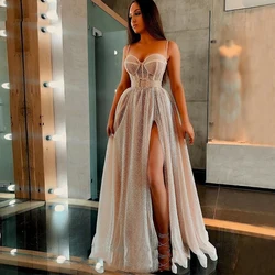 Shinny Lace Tulle Prom Gown Sleeveless A Line Slit Sweetheart Neck Formal Party Gown For Woman Spaghetti Straps Robe De Soriee