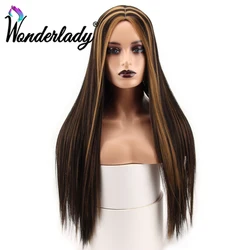 WonderLady Highlight Brown Colored 26inch Fashion Synthetic Wigs For Black Women Long Straight Hair Middle Part Heat Resistant
