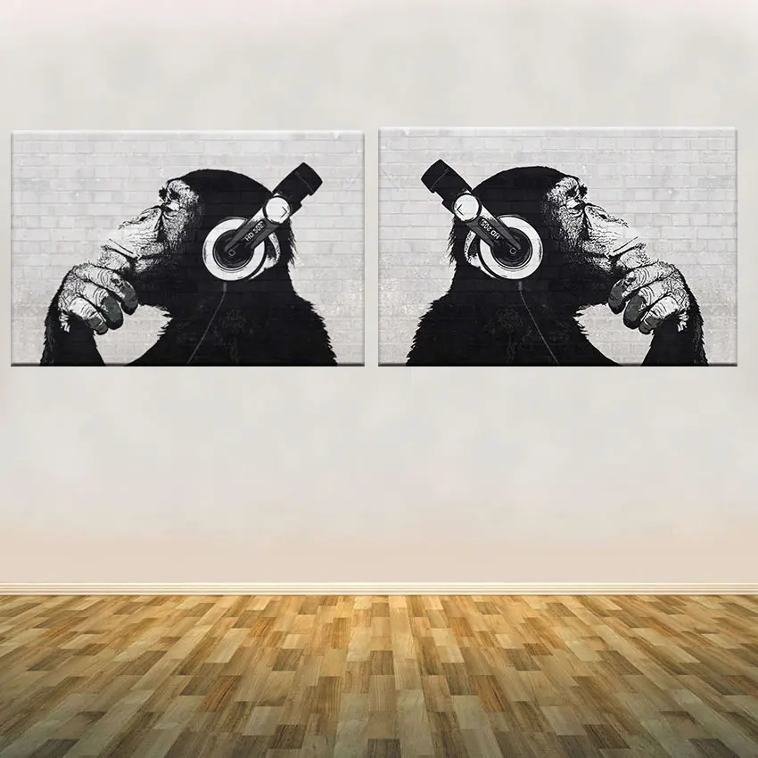 Large Animal Monkey Canvas Printed Wall Painting Modern Funny Thinking With Headphone Art For Living Room | Дом и сад