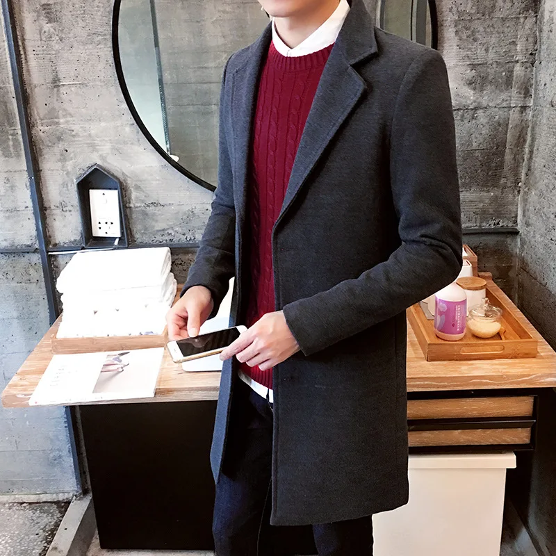 

Hot Sales Autumn And Winter Men's Coat Solid Color Korean-style Slim Fit Mid-length Woolen Overcoat Men's Outerwear