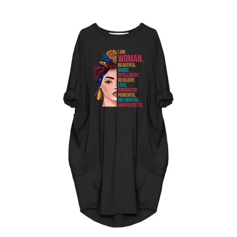 

100% Cotton New Fashion Pocket I Am Women Beautiful Letters Print Dress For Women Dresses Female Tumblr Cropped Punk