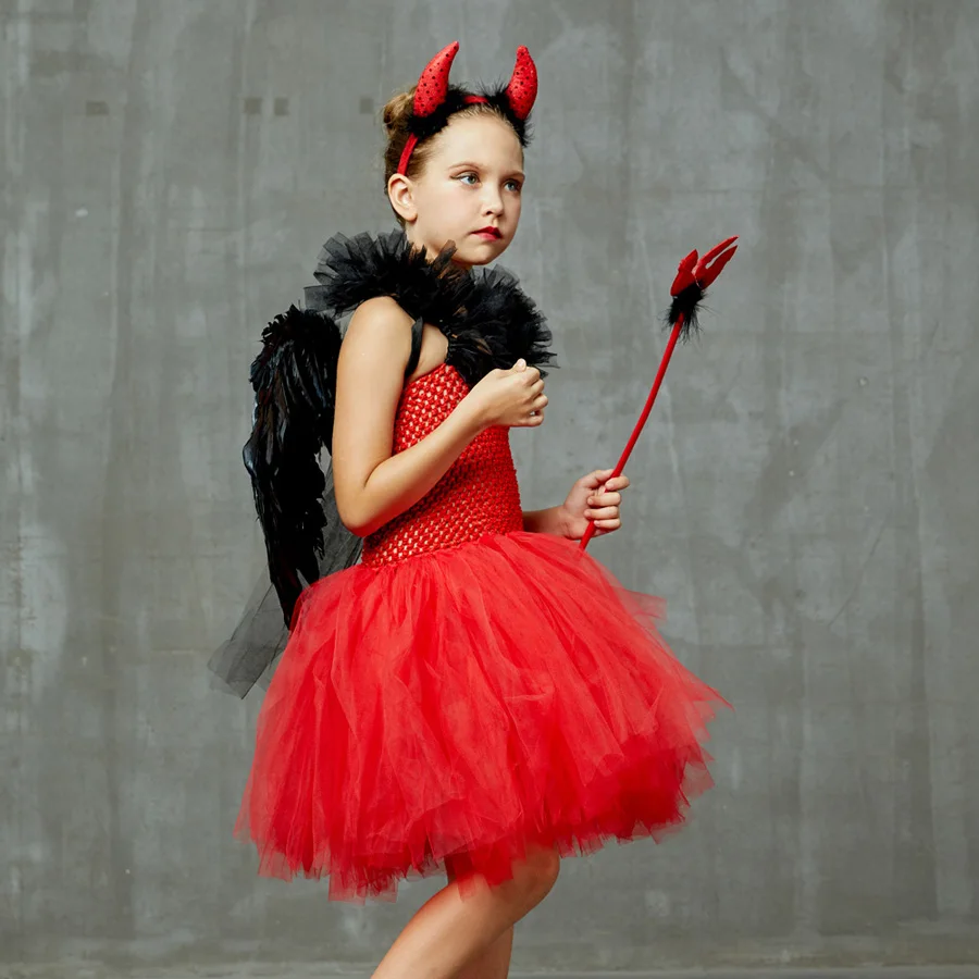 Wicked Red Devil Girls Tutu Dress Kids Halloween Cosplay Carnival Party Costume Handmade Tulle Children Fancy Satan Demon Dress (6)
