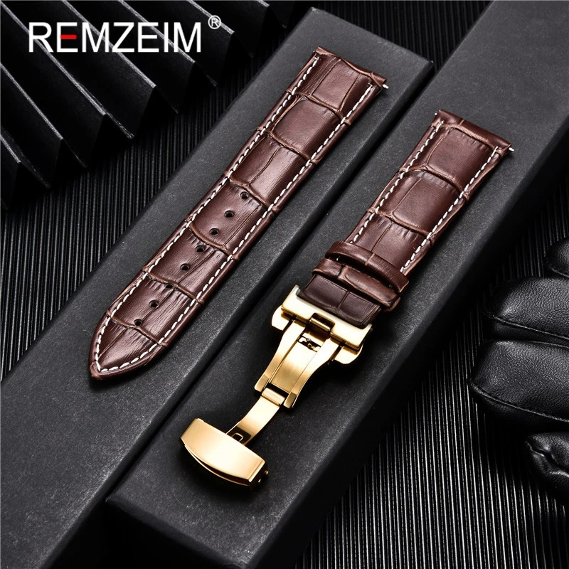Embossed Genuine Leather Strap with Automatic Butterfly Buckle - Business Watchband