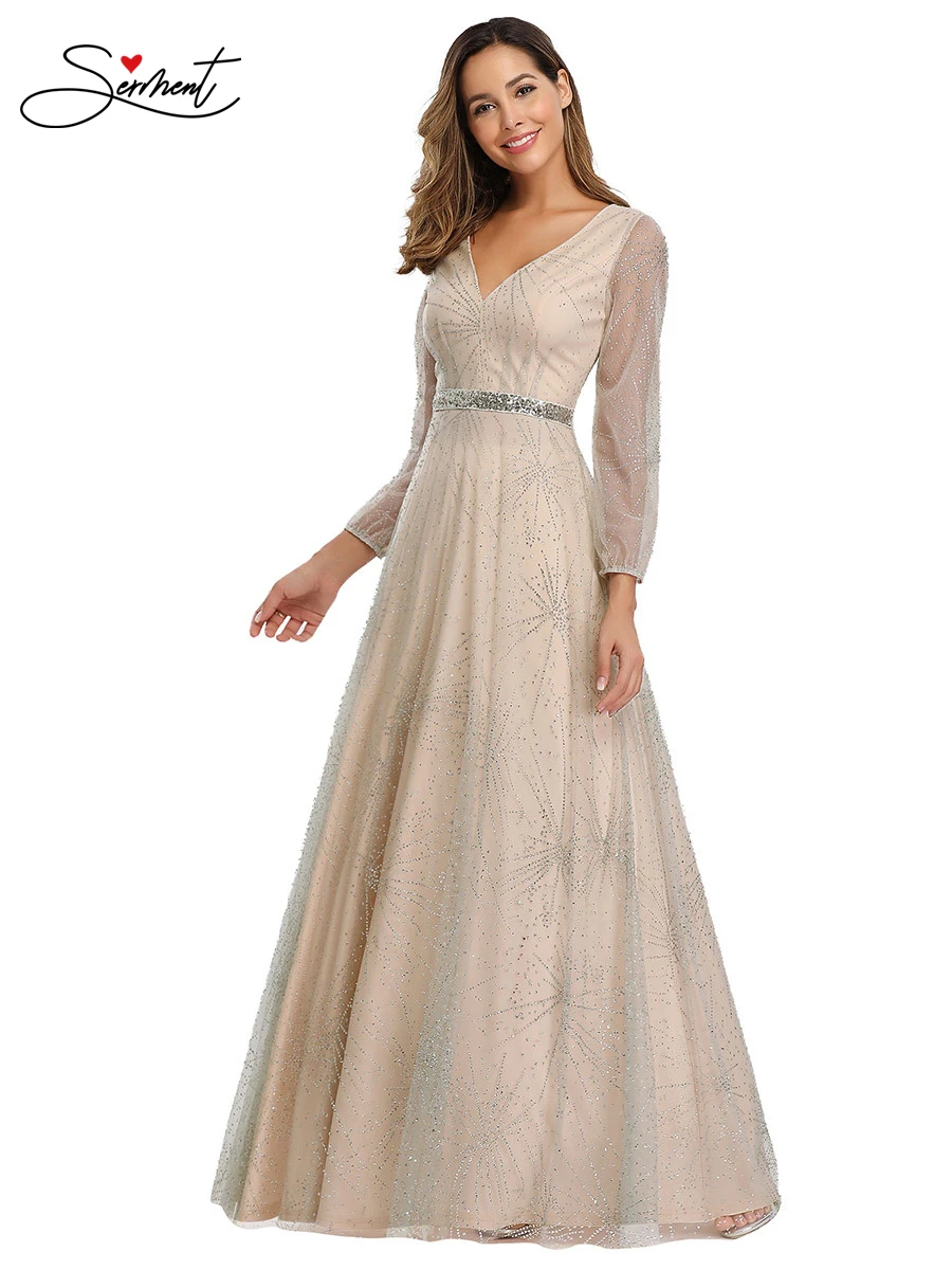 

New Elegant Woman Evening Gown Autumn Deep V Long Sleeve Dusting Fabric Shiny Evening Gown Suitable for Formal Parties