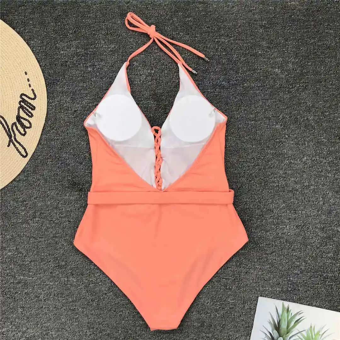 7 Colors Sexy Halter V Neck Lace Up Women Swimwear One Piece Swimsuit Female Bather Bathing Suit Swim Lady With Belt V1762