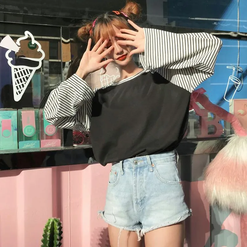 Harajuku Женская Футболка полосатая Повседневная футболка с длинным рукавом Свободная Женская весенне-осенняя джемпер