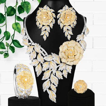 

4PCS BIG Luxury 2 Tone Mixed Rose Flowers Statement Jewelry Set For Women Wedding African Cubic Zircon CZ Dubai Bridal Jewelry