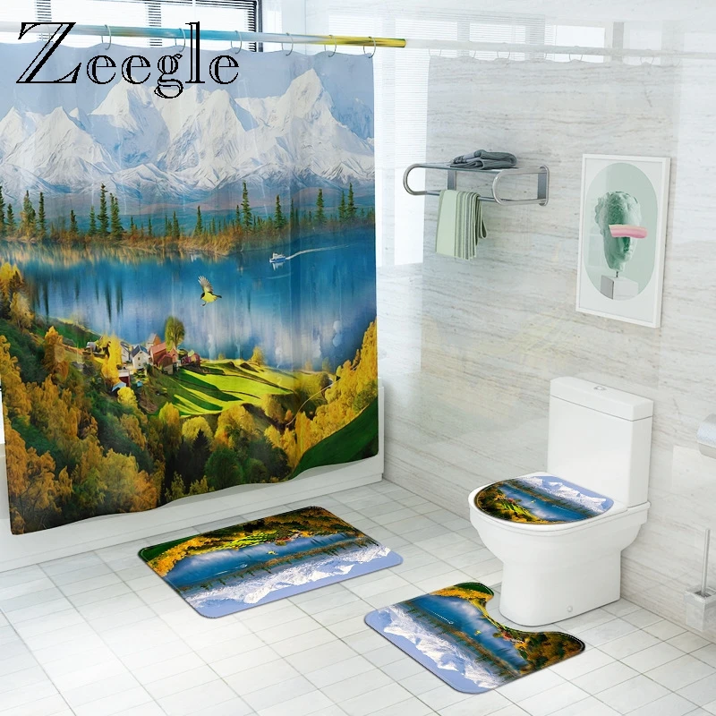 Modern Style Scenic Bath Mat and Shower Curtain Set Bath Mat Carpet Bathroom Toliet Rug Toilet Seat Cover Shower Floor Mat