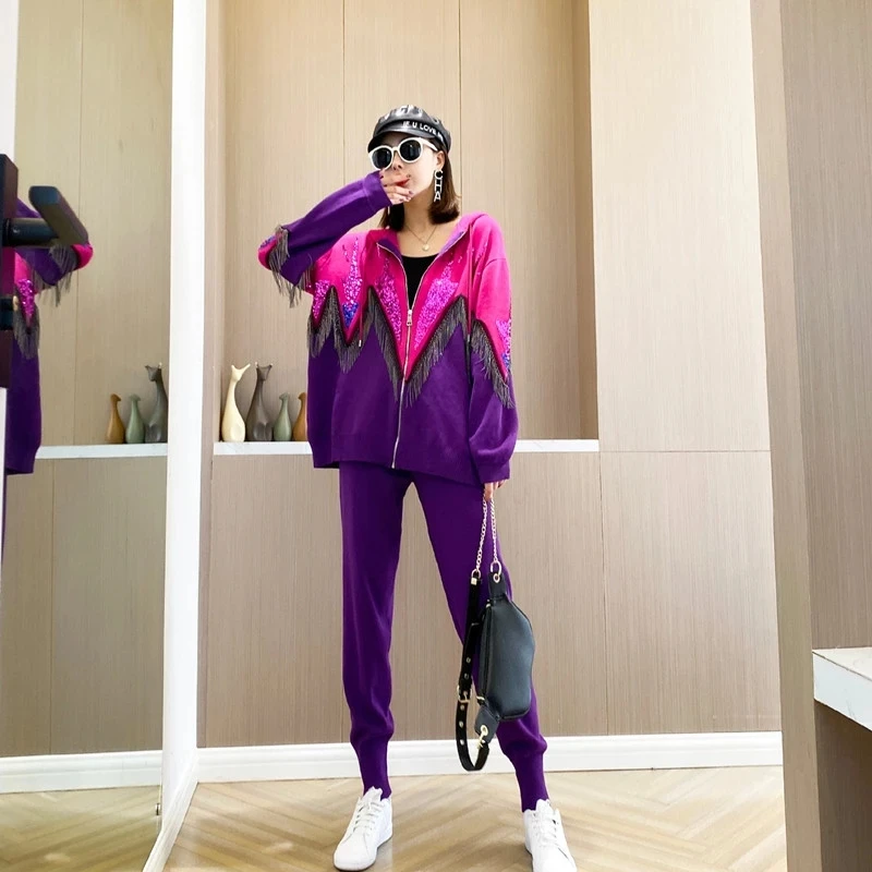 2022 Autumn Women Hooded Sequin Contrast Tassel Tracksuit 2 Piece Set Sweater coat+Fashion Pants Women knitted Set Plus size