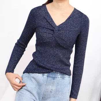 

HLBCBG Lurex Glitter Women Sweater Spring Autumn High Elasticity Rib Knitted Jumper Top Fashion Sexy Female Pullover Sweater