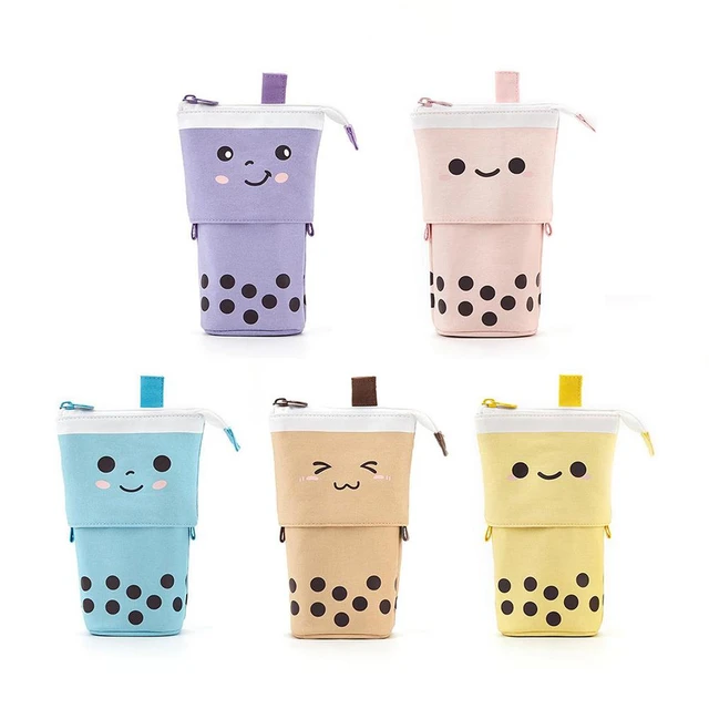 1 Set Cute Boba Milk Tea Retractable Pen Bag Pencil Holder Stationery Case  Stand Up Pencil Case For Kids Stationery Pouch Bag - AliExpress