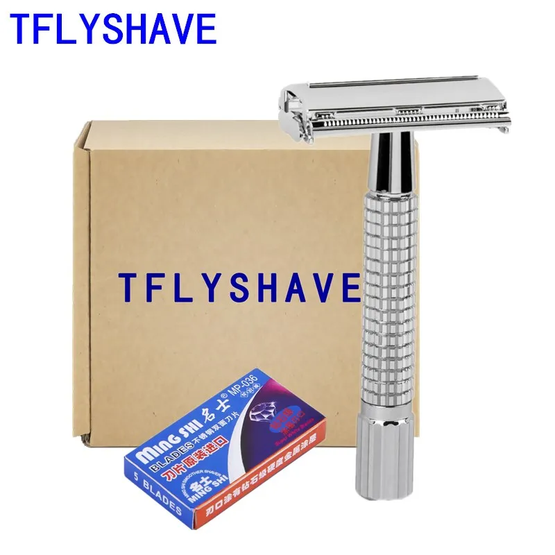 

TFLYSHAVE Men Double shaver Classic Safety Razor with 5 Blades as Gift Silver Plated Epilator Weishi Straight Razor Hair Removal