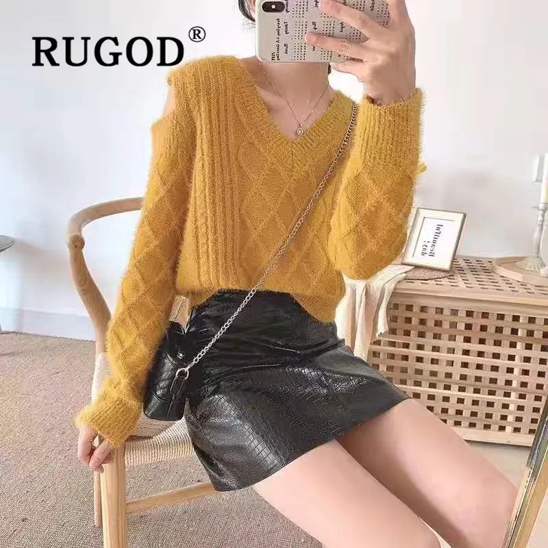 RUGOD короткий свитер с открытыми плечами, однотонный пуловер, рождественский джемпер, зимние топы для женщин, трикотаж, женские свитера