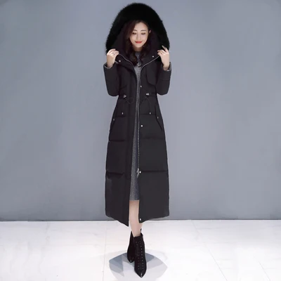 Black Black Tcyeek зимняя куртка женская большая одежда с капюшоном из лисьего меха Толстая теплая длинная куртка на 90% утином пуху Женская пуховая куртка Hiver LW1554 - Цвет: Black Black