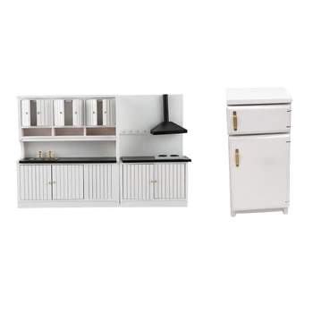 

FBIL-2 Set 1:12 Dollhouse Miniature Furniture Children's Toys: 1 Set Wooden Kitchen Set & 1 Set Mini Living Room Pretend Toy Ref