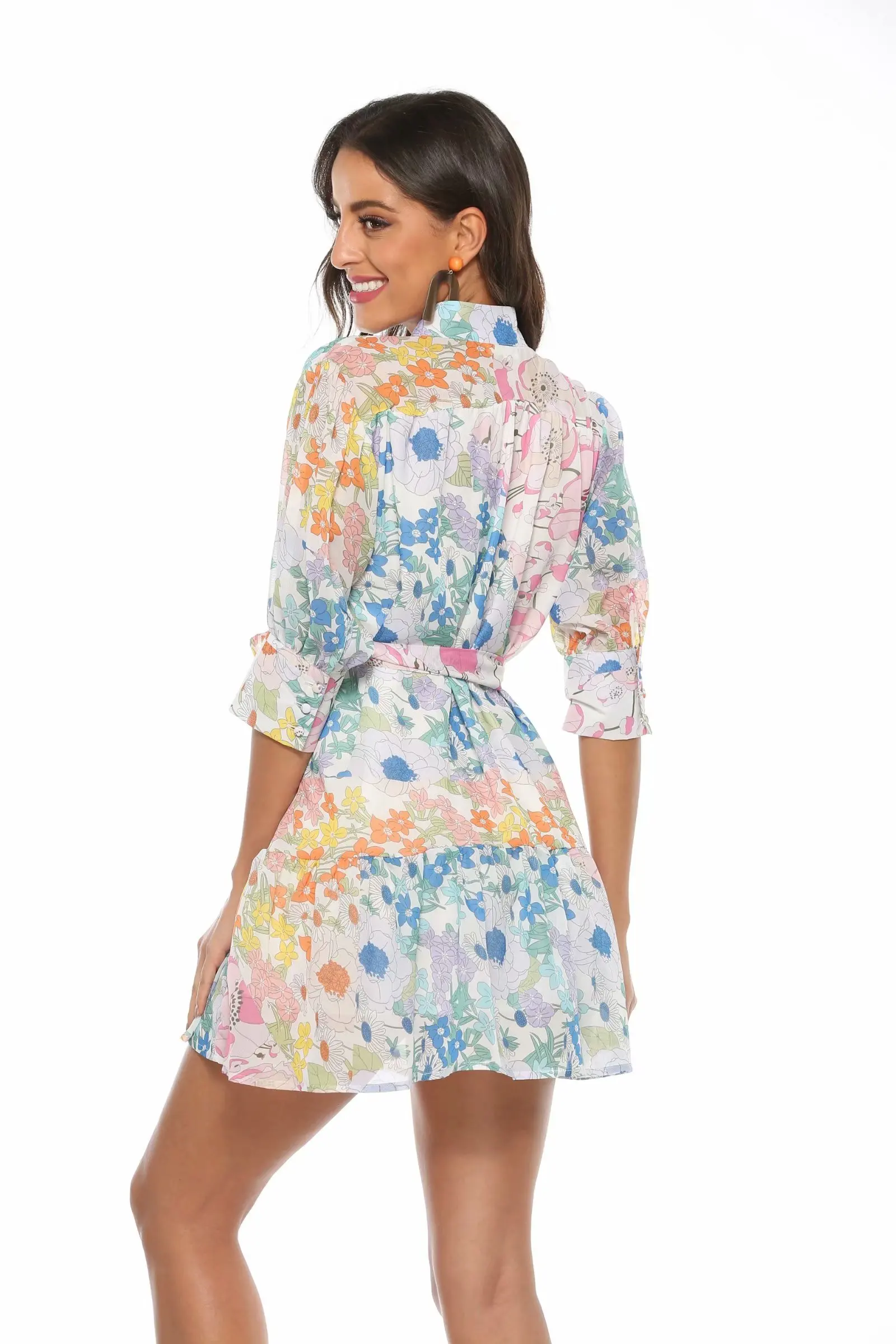Za 2019 women dress silk floral print fashion ins dress bow sashes draped turn-down collar dresses female vintage vestidos