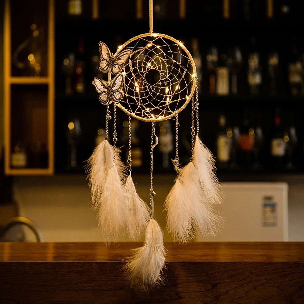 Grey Light Wind Chime кулон креативный трехцветный колокольчик с бабочкой Ловец снов перо настенный висящий мечтатель подарок для девочек с светильник - Цвет: Grey Light