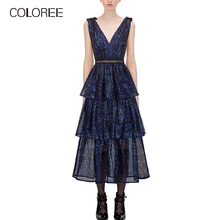 Цветное высококачественное женское платье, элегантное Каскадное синее платье с оборками, вечернее Клубное сексуальное платье миди, дизайнерское платье для подиума