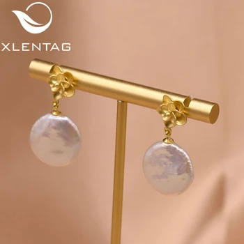 

XlentAg Natural Freshwater Baroque Dangle Earrings Gold Flower Women Engagement Wedding Love Gifts Huggie Vintage Jewrlry GE0644