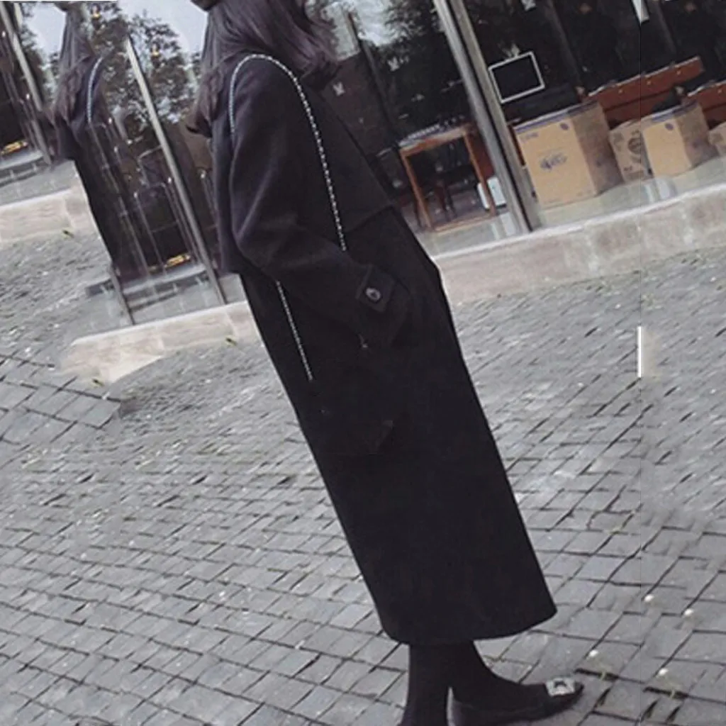 Тонкое женское пальто с длинным рукавом, повседневное приталенное пальто средней длины, зимнее черное пальто, женское модное шерстяное пальто manteau femme hiver
