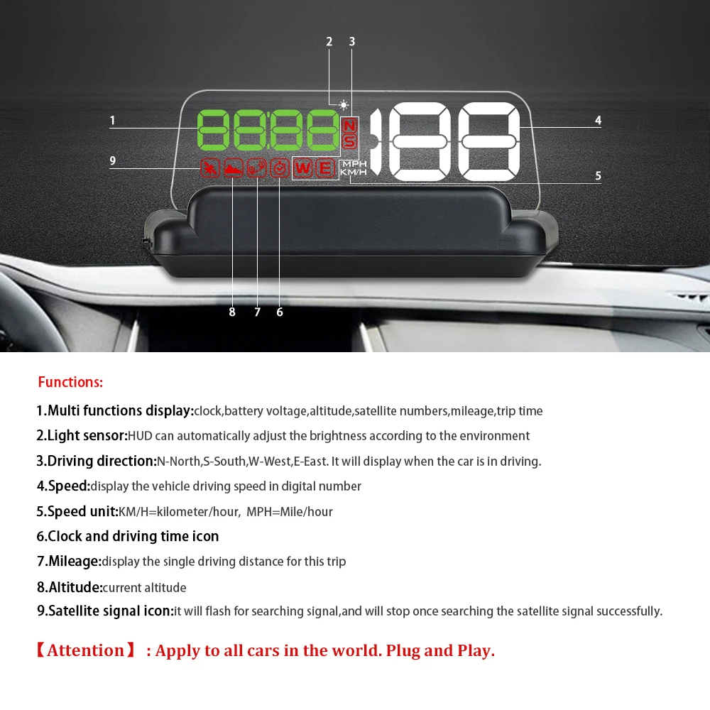 T900 HUD Display GPS Head High Visualization HUD Digital GPS Light Sensor Performance Competitive Direction Driving Mileage Altitude Time Travel Speed Alarm 