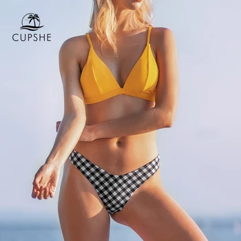 

CUPSHE Yellow and Gingham Triangle Bikini Set Sexy Thong Bikinis Swimsuit Women Two Pieces Swimwear Biquinis 2020 Bathing Suit