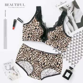 

Autumn And Winter ElegantDeep VLeopardPrint SexyRimless underwearGathered comfortable and breathable upper bra women's Bra Set