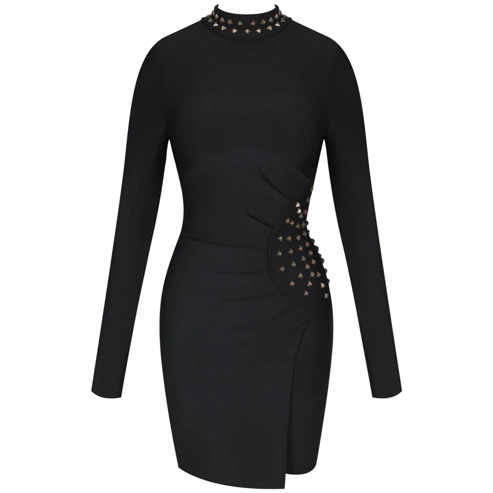 Ocstrade Black High Neck Long Sleeve Mini Wrinkled Metal Ornamental Buckle Bandage Dress PF19174-Black