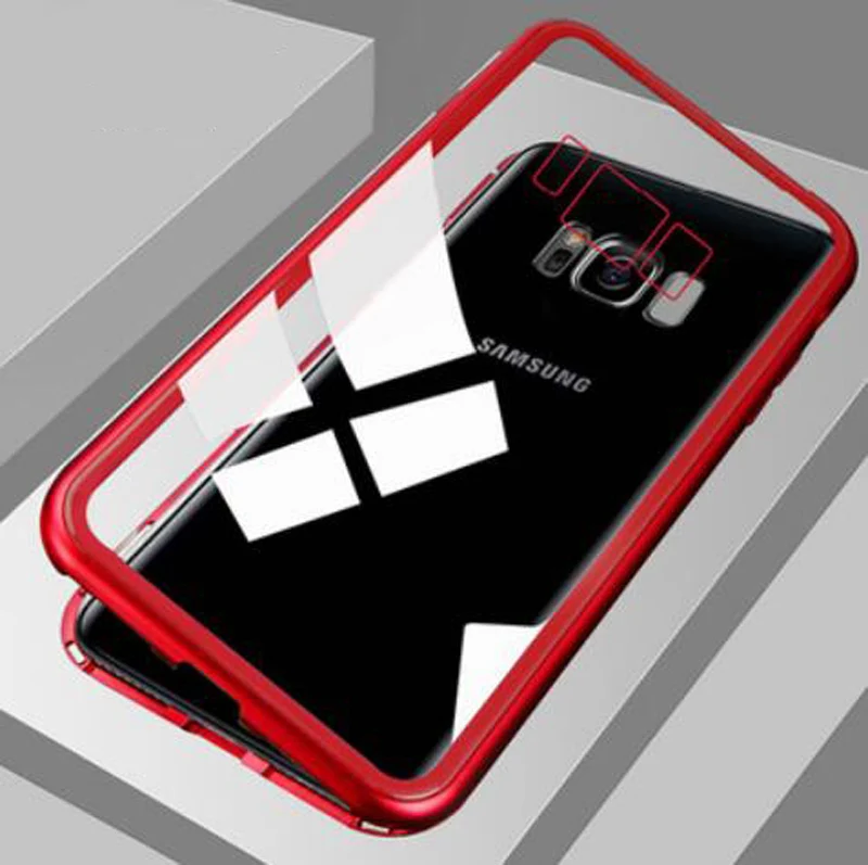 Металлический чехол с магнитной адсорбцией для samsung Galaxy S10 Plus S8 S9 S10E S7 Edge Note 10 Plus 8 9, защитный чехол для телефона - Цвет: Clear with Red